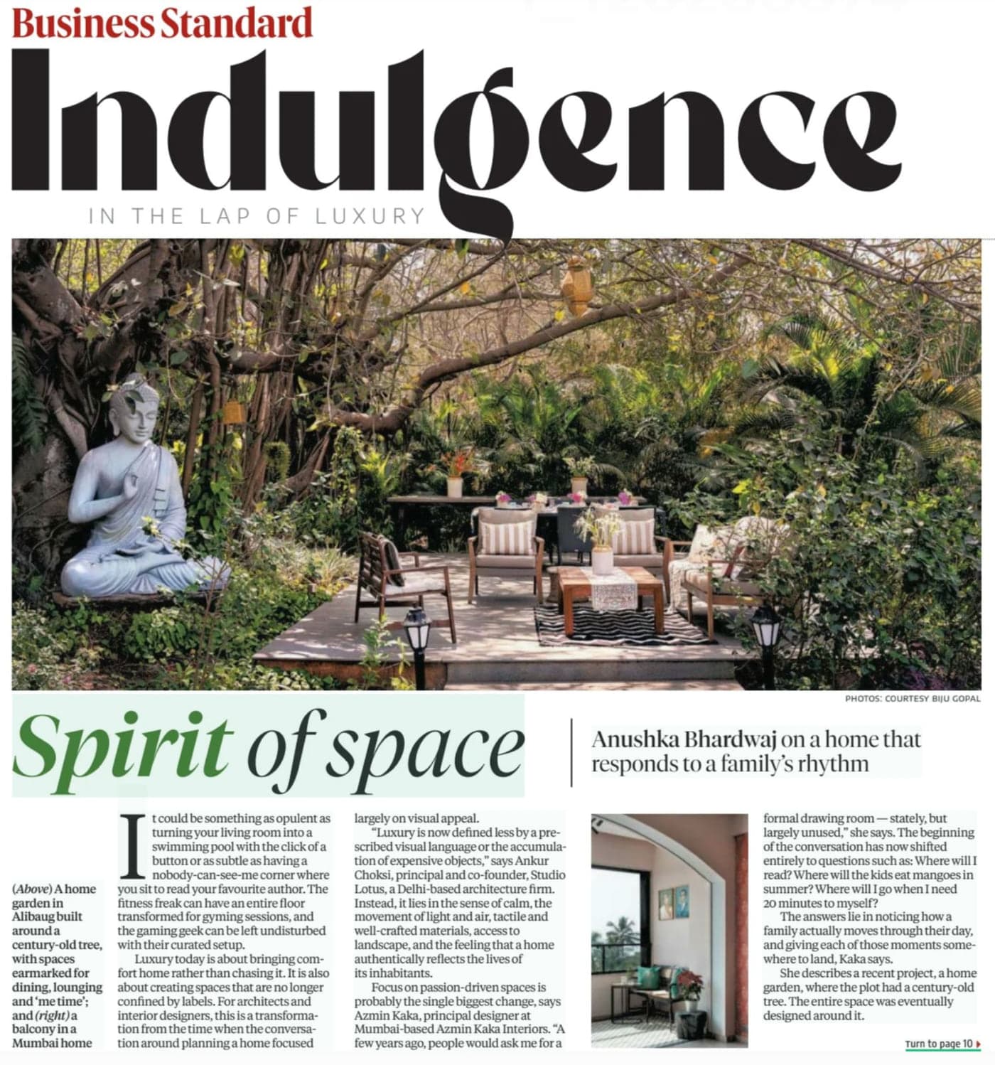 The opening page of the Indulgence section of Business Standard, 26 August 2026, headed Spirit of space, with a full-width photograph of the Alibaug garden built around its century-old banyan.
