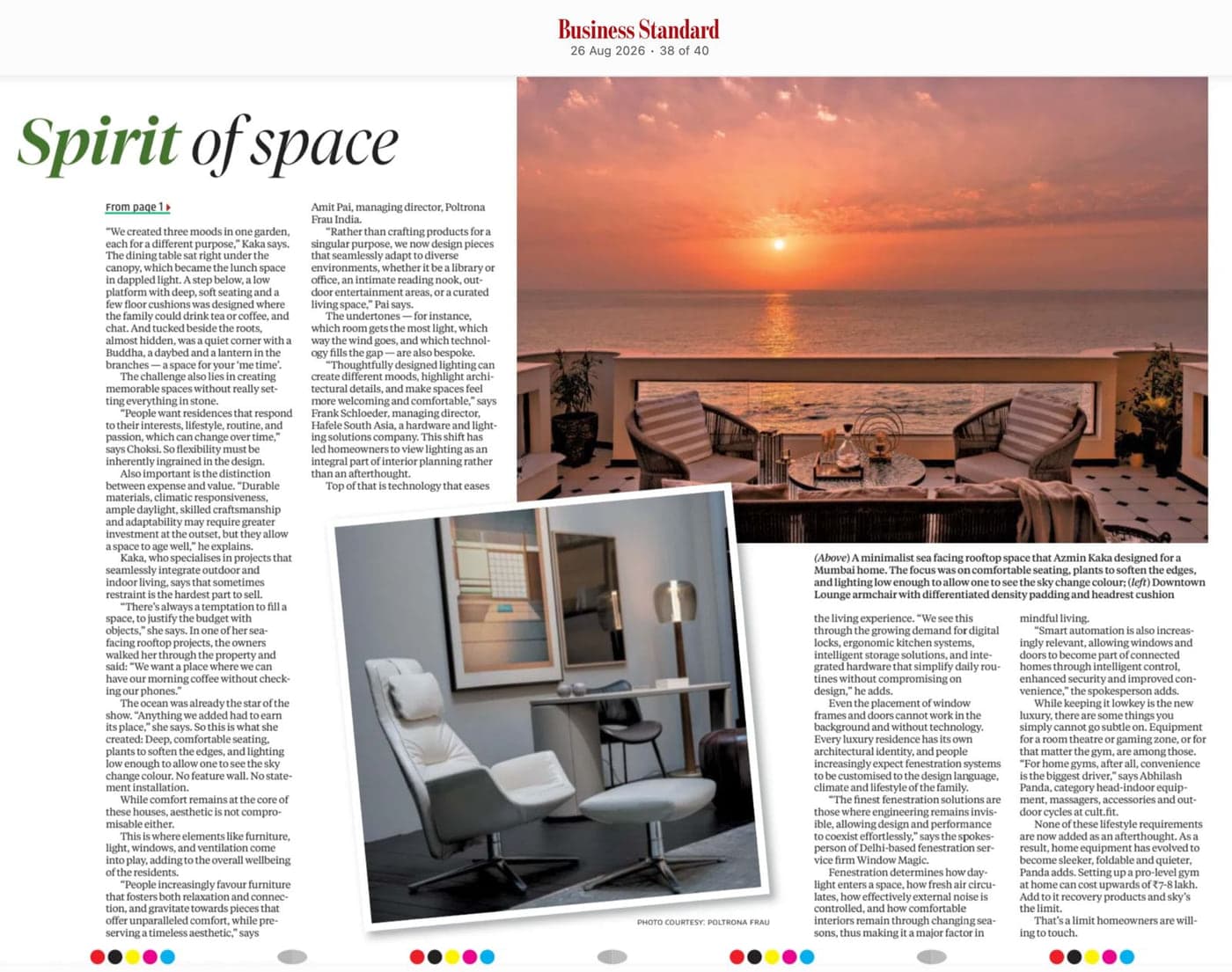 The continuation of the Business Standard feature, with a photograph of a sea-facing rooftop at sunset designed by Azmin Kaka for a Mumbai home.