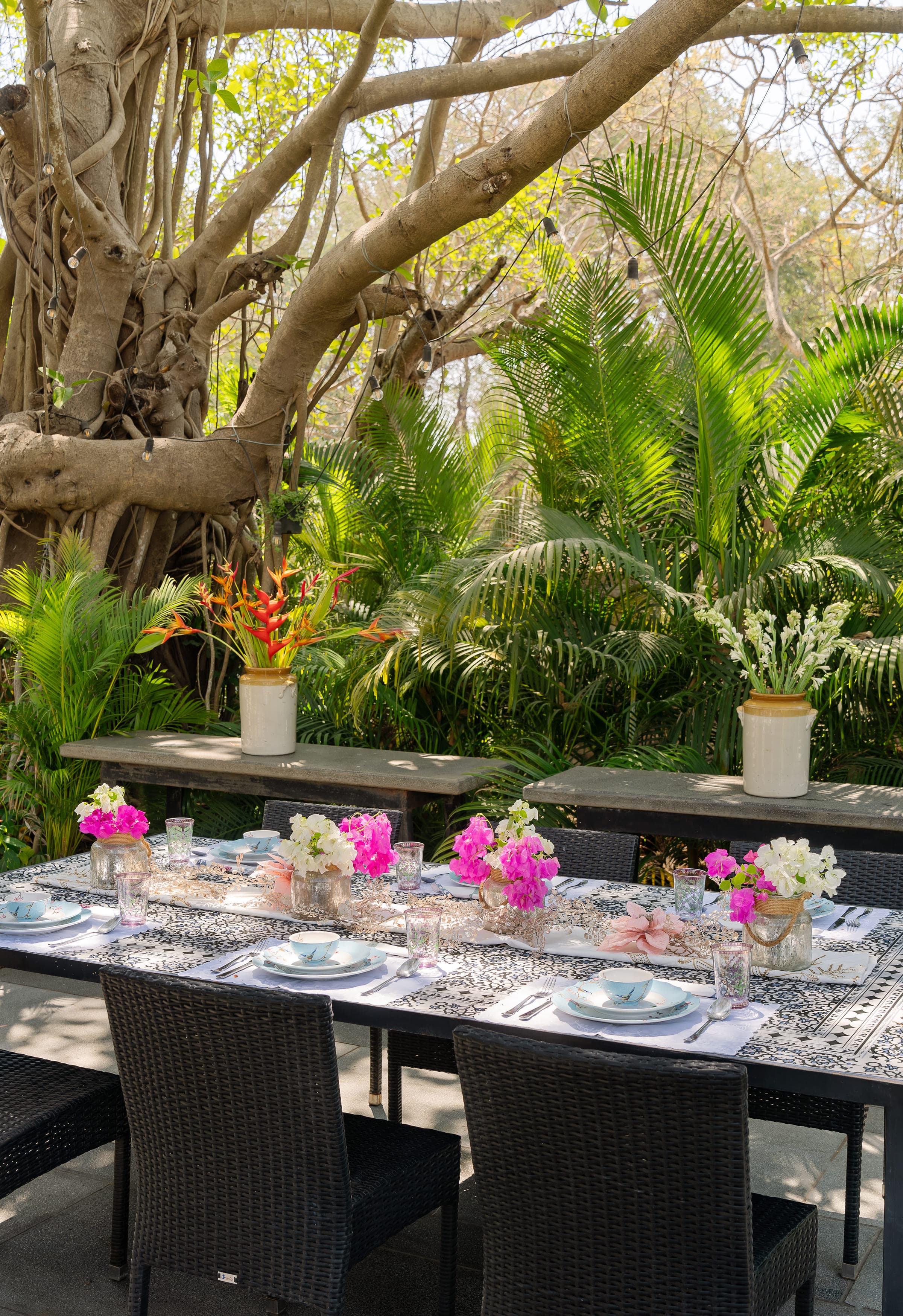 A long table laid for lunch beneath the banyan: patterned linen, bougainvillea in low vases, and the branches reaching over it.