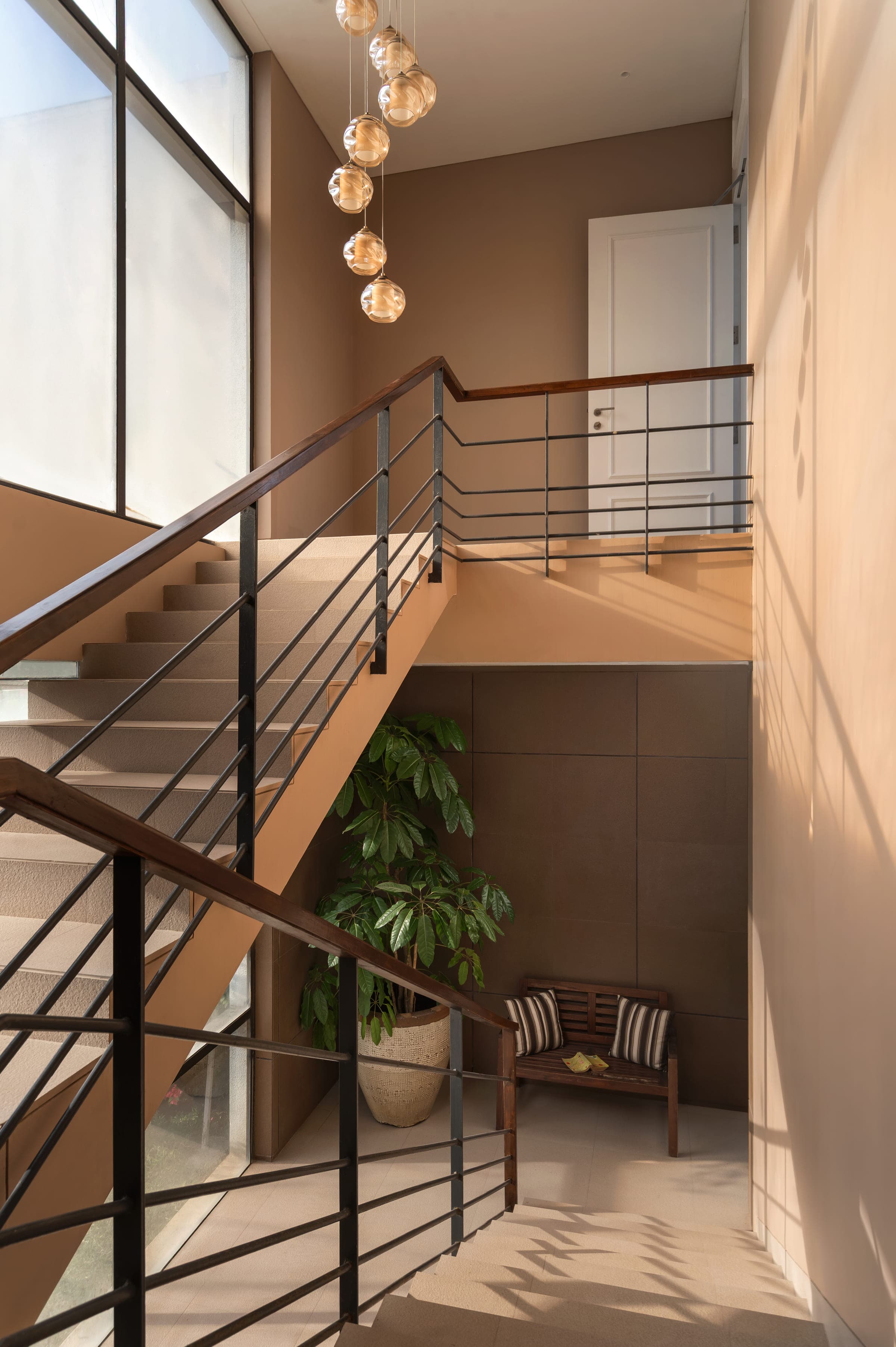 A staircase with a slim steel balustrade rising against a plain wall, planting at its foot.